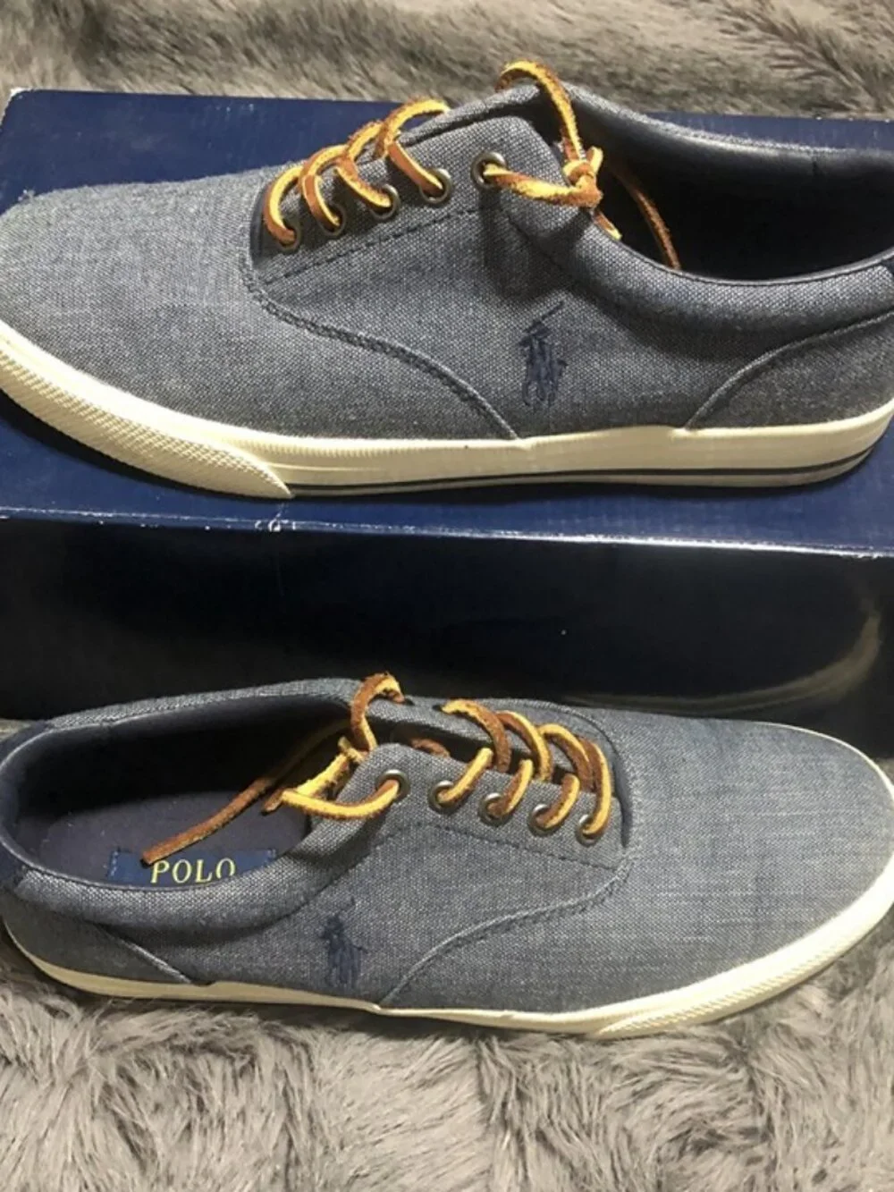Ralph Lauren Men's Vaughn Boat Shoes in Dark Blue Sweatshirt Fleece, Size 9.5